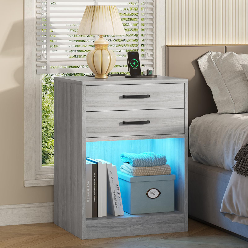 Led Nightstands Set Of 2,nightstand With Charging Station, Bedside Table With Power Outlets And Drawer, Grey/Black