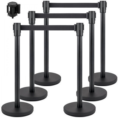 Poteau de contrôle des foules, ensemble de poteaux de 6 pièces, ensemble de poteaux avec ceinture rétractable noire de 6,6 pi / 2 m, barrière de contrôle des foules noire avec base en béton et en métal - Assemblage facile