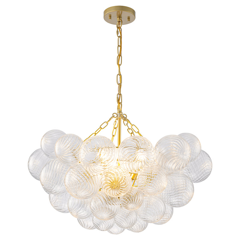 Gold Chandeliers With Ribbed Globe Glass, 3 Lights, 18.25" H x 21.5" W x 21.5" D