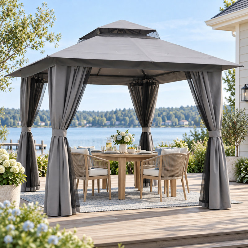 8 x 8 Ft Soft Top Patio Gazebo with 2-Tier Roof, Mosquito Netting and Privacy Curtains, Galvanized Steel Outdoor Canopy for Backyard Deck and Garden