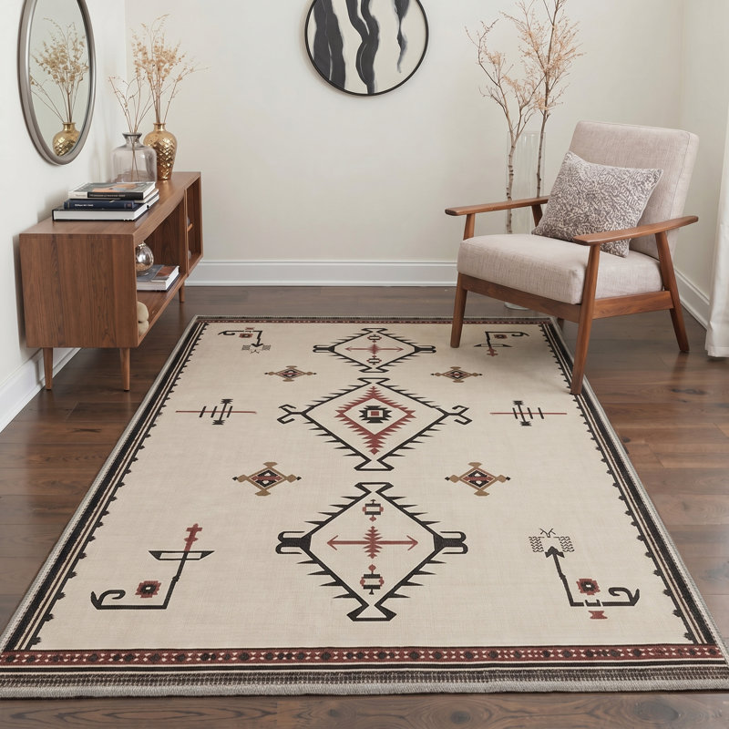 Abrahamson Viento Geometric Machine Washable Beige / Black / Brown Indoor Area Rug with Non-Slip Backing, Rectangle 9' x 12'