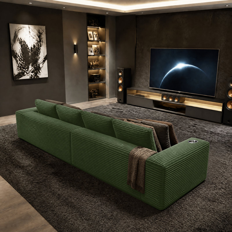142" Modern Deep Seat Corduroy Upholstered Sofa Couch with Oversized Cushions, Green