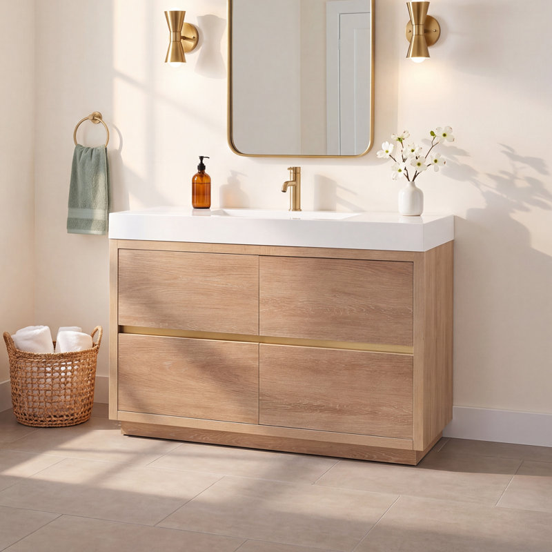 Beira 48'' Single Bathroom Vanity with Top, North American Oak, White