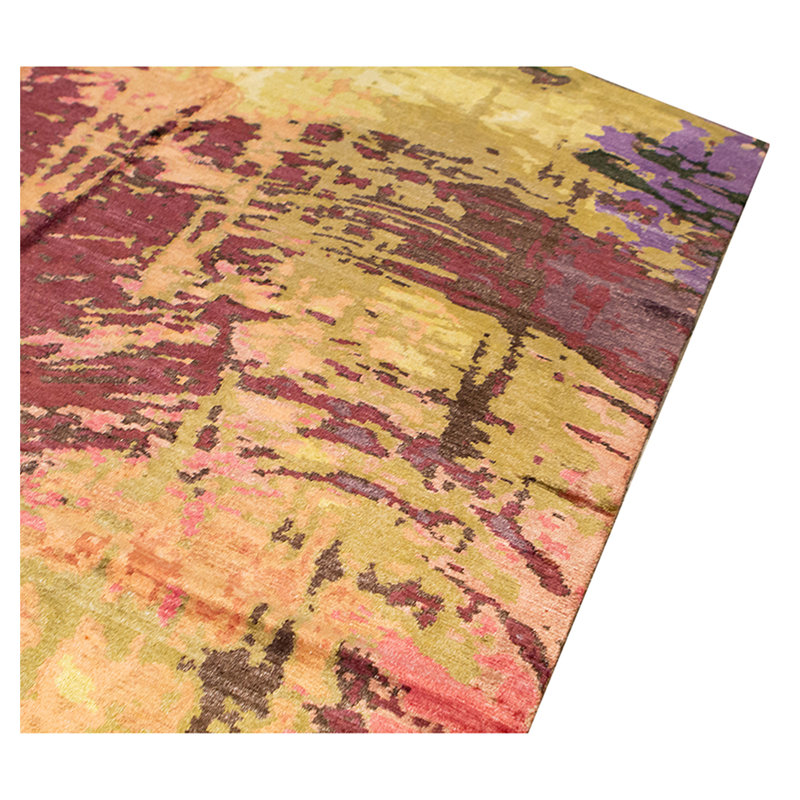 Tapis jaune / rose en laine / viscose noué à la main 8 pi x 10 pi