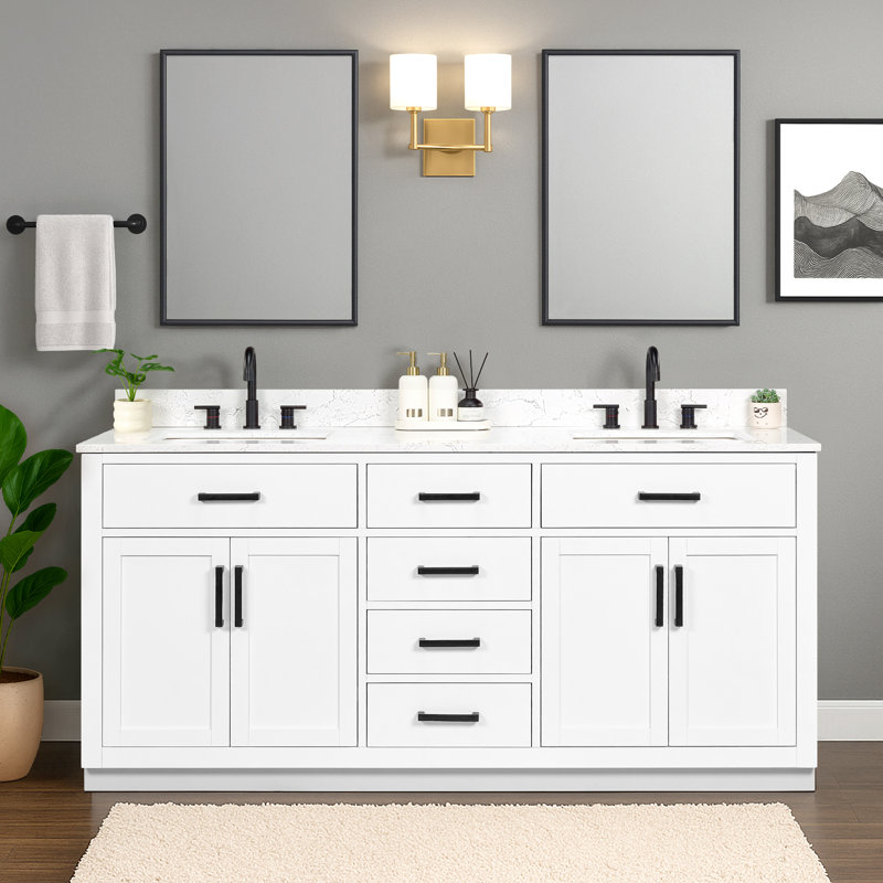 Meuble-lavabo double 72 po avec tiroirs, tablette, prise de courant et plateau en marbre d'ingénierie, 72'', Bleu royal