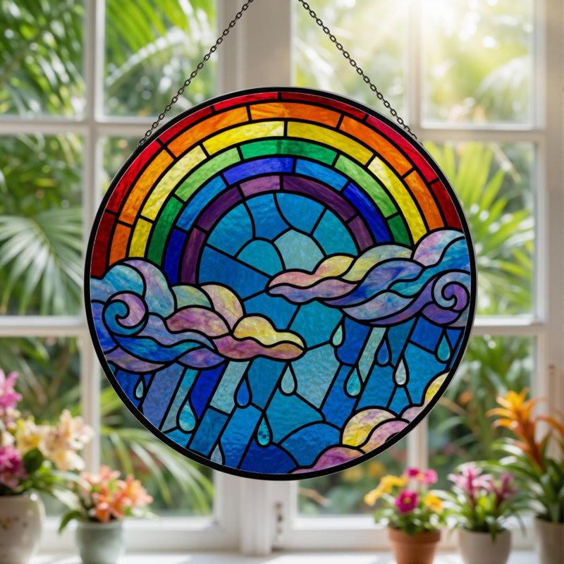 Panneau de vitrail 7,8 "H Rainbow Clouds, H 7,8 po x l 7,8 po