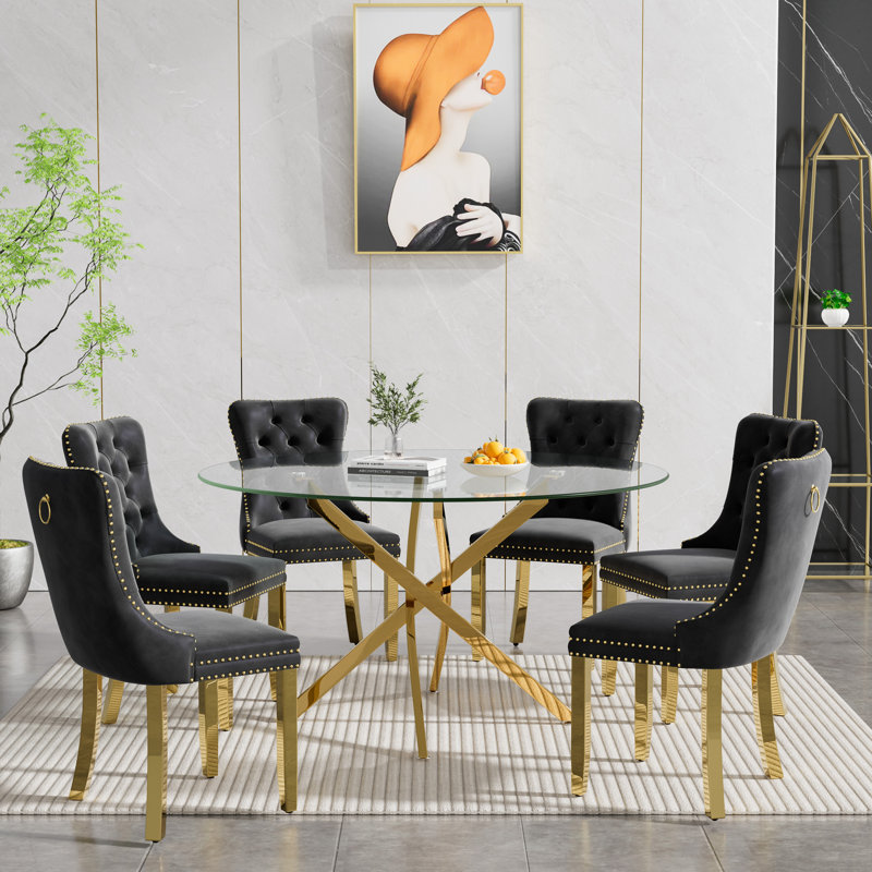 47.24" Gold Glass Dining Table Set, Modern Dining Room Table Set, Gold X-Shape Pedestal Glass DiningTable with Dining Chairs, Kitchen Dining Set for Dining Living Room