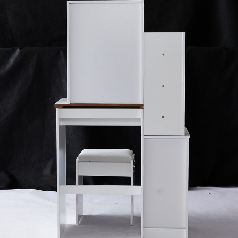 Left Bedside Cabinet Vanity Table For Tiny Spaces, With Padded Seat & Extra Large Mirror, Multi-Layer Storage, White Dresser Small Rooms Size Cushioned Stool, Sliding High Capacity Compact