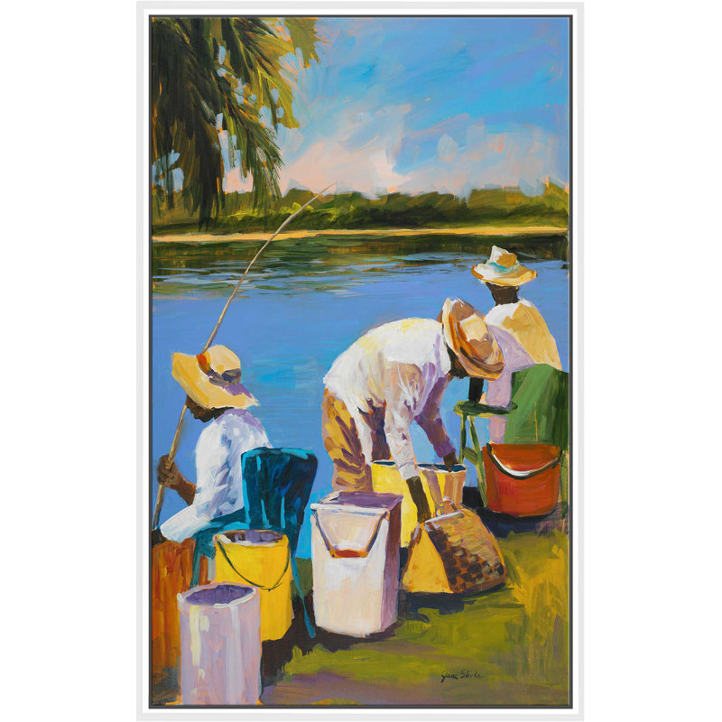 " Fishing I " by Jane Slivka, 63.5" H x 39.5" W x 2" D, White Floater Frame
