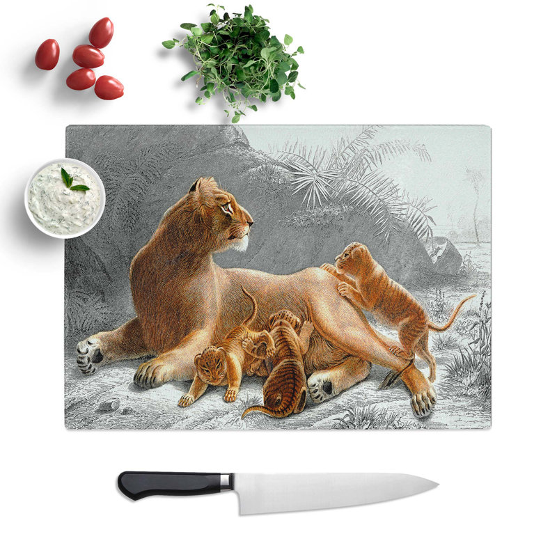 Tempered Glass African Lion with Cubs Chopping Board, 39 cm W x 28.5 cm L