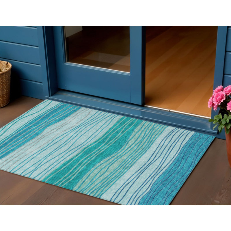 Tapis bleu sarcelle et turquoise à rayures 3 pi x 5 pi