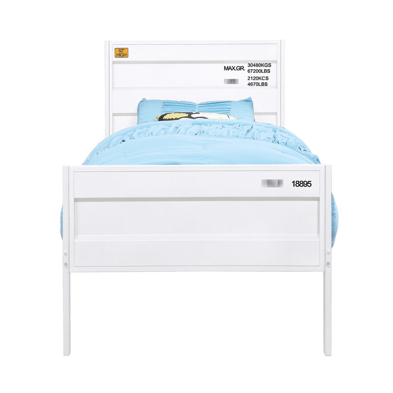 Lit plateforme double en métal blanc, avec thème de contenant de chargement, sommier tapissier non requis pour un cadre de chambre à la mode à thème blanc, taille, aucune condition requise