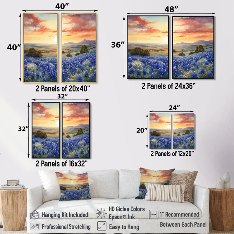 Blue Bonnets Sunset II - Blue, reproduction d'art traditionnel sur toile à 2 panneaux, H 40 po x l 40 po, Toile tendue