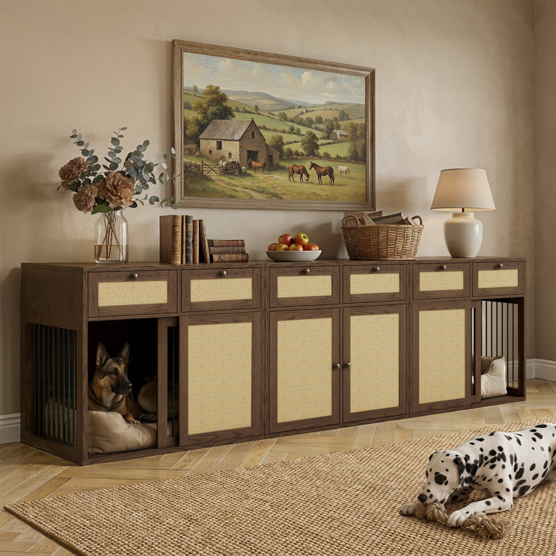 Ensemble 3 pièces de caisses pour chien de ferme Dellarae avec chenils à ouverture à gauche et à droite et armoire de rangement assortie