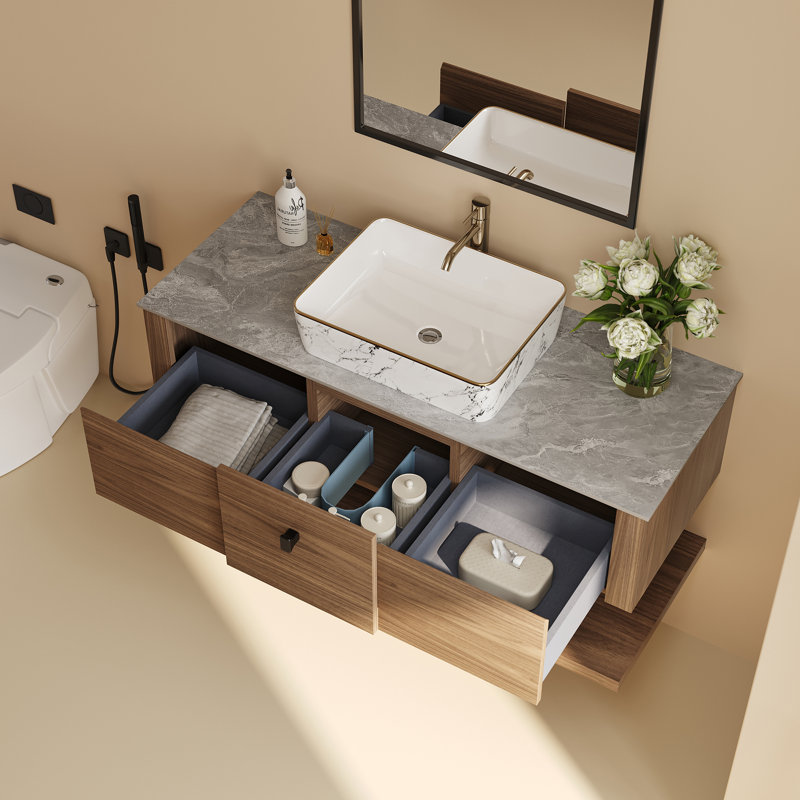Meuble-lavabo flottant simple 47,65 po en bois massif avec lavabo, meuble-lavabo gris en pierre frittée avec trois tiroirs, tablette flottante inférieure ouverte