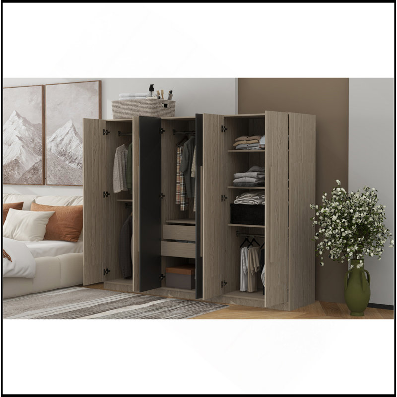 Armoire de rangement 6 portes en bois pour la chambre à coucher, avec 2 tiroirs à l'intérieur, noir + nature