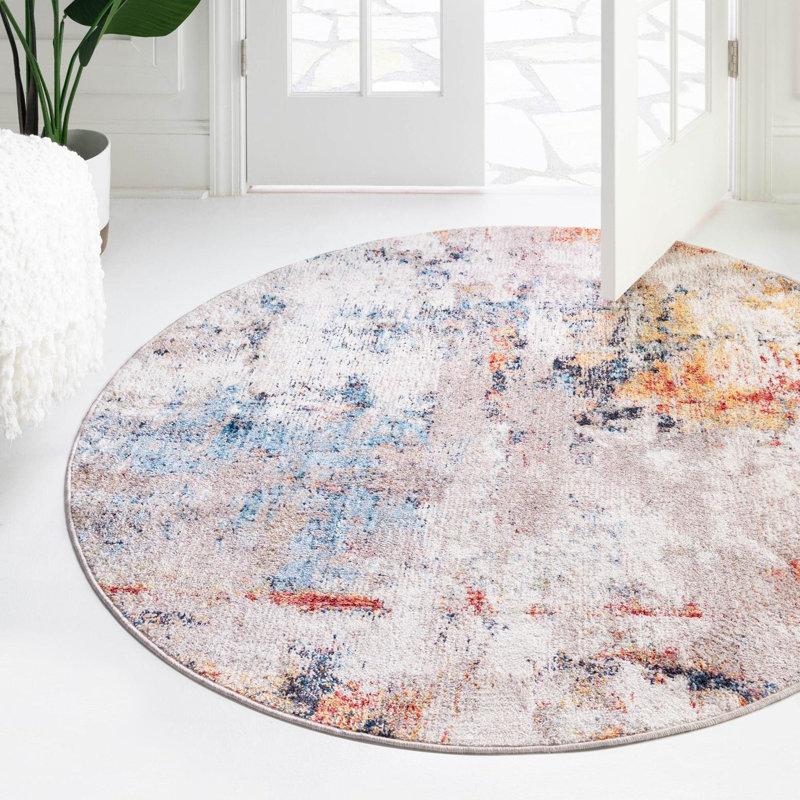 Tapis gris / bleu à motif abstrait Beale, Rond 3 pi 3 po