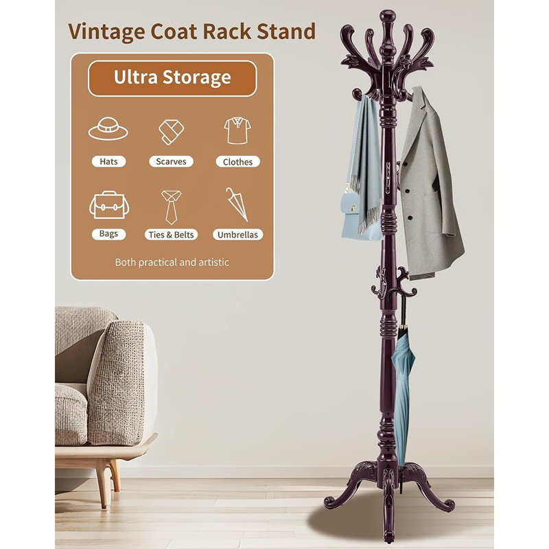 Porte-manteau vintage en bois massif, arbre à vêtements autoportant avec 14 crochets, base triangulaire robuste, cintre sculpté à la main pour entrée, chambre et bureau