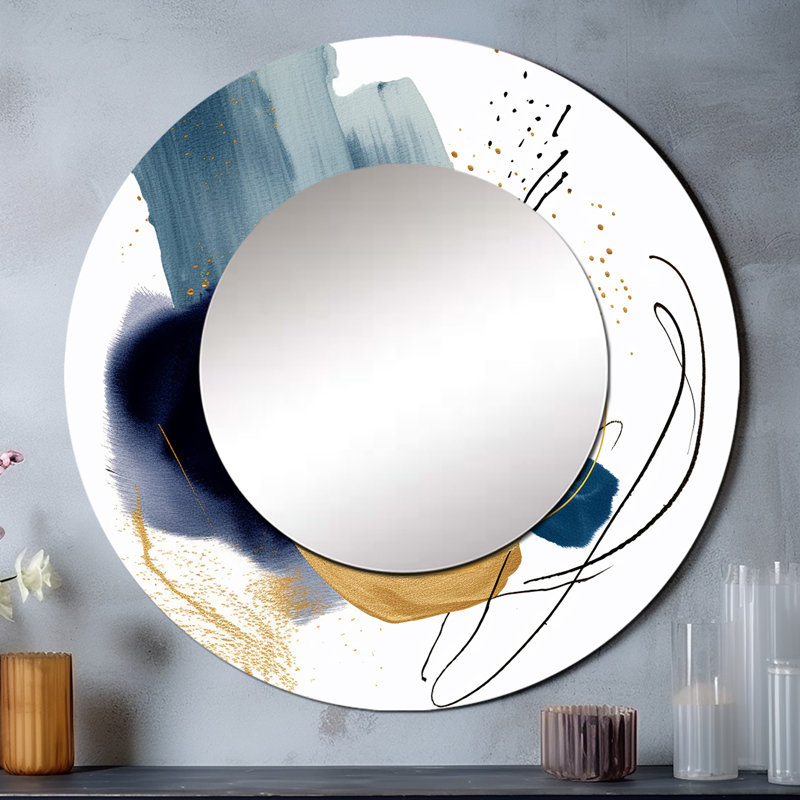 Paysage en bleu foncé et or V - miroir décoratif géométrique, miroir mural rond bleu, impression d'art en métal