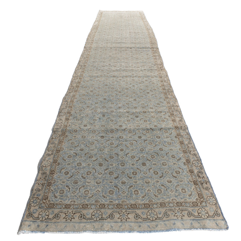 Tapis unique 3 pi 3 po x 15 pi 8 po années 1910 Blues / taupe / brun chocolat / brun clair / beige