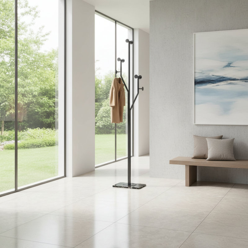 Black Tree-Shaped Metal Coat Rack With A Stable Marble Base; Freestanding Corner Design, Suitable For Bedrooms, Entryways, And Hallways.
