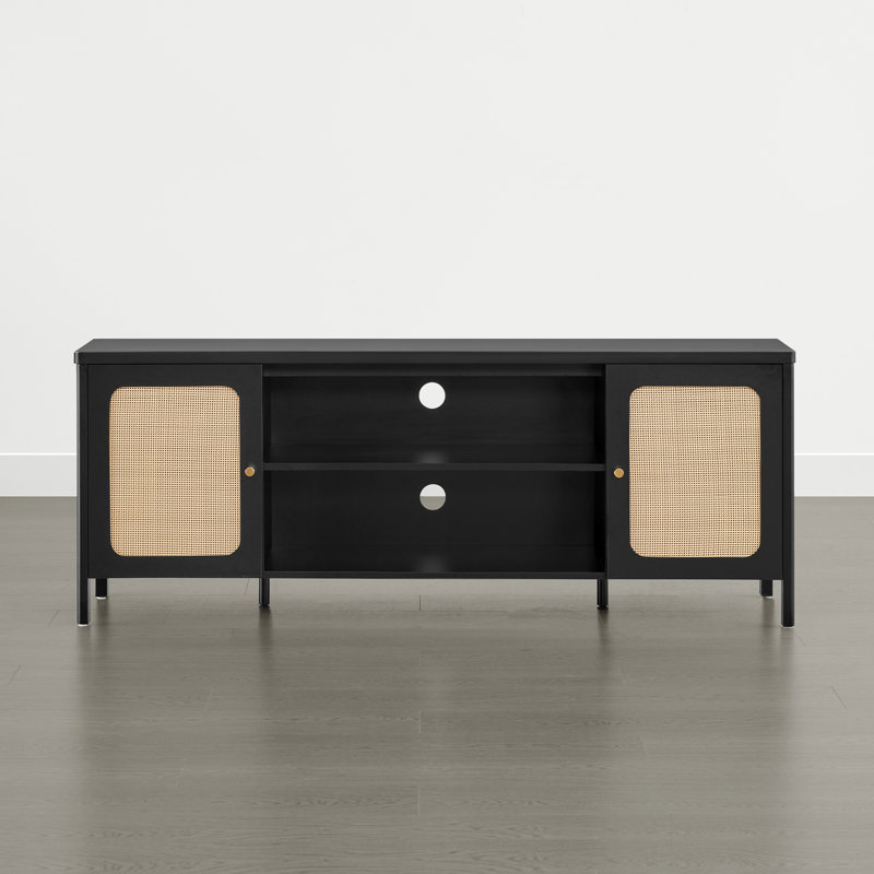 Boho TV Stand with Rattan Doors and Open Storage for TVs up to 70" , Black