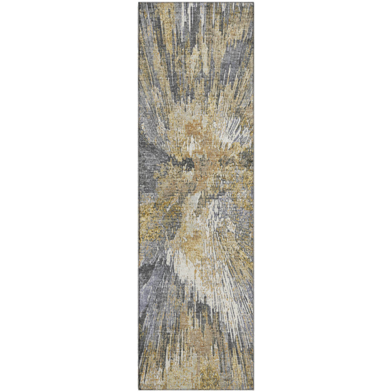 Premium Machine Washable Mayfield AMF2283 Abstract Rug, Gold, 2'3" x 7'6" Runner