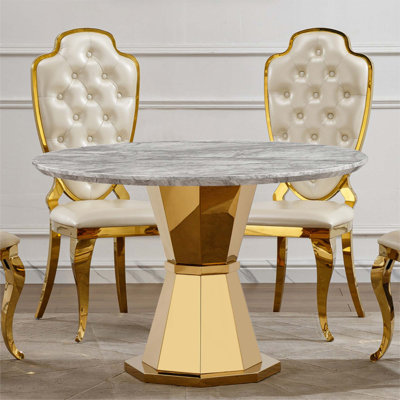 Table de salle à manger ronde en marbre de 47 po, table de cuisine moderne avec plateau en faux marbre ultrabrillant et base en acier inoxydable pour la salle à manger, cuisine (table seulement)