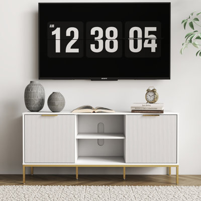 Modern TV Stand With Wave-Design Doors, Open Shelf, And Adjustable Shelf For A Stylish And Functional Living Room by Mercer41