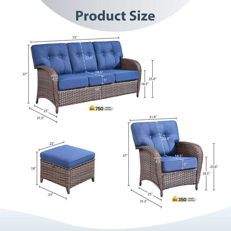 5-Piece Patio Furniture Set, All-Weather Outdoor Seating Set With Club Chairs, Blue