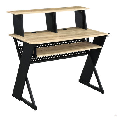 Bureau de musique naturel et noir avec gestion des câbles