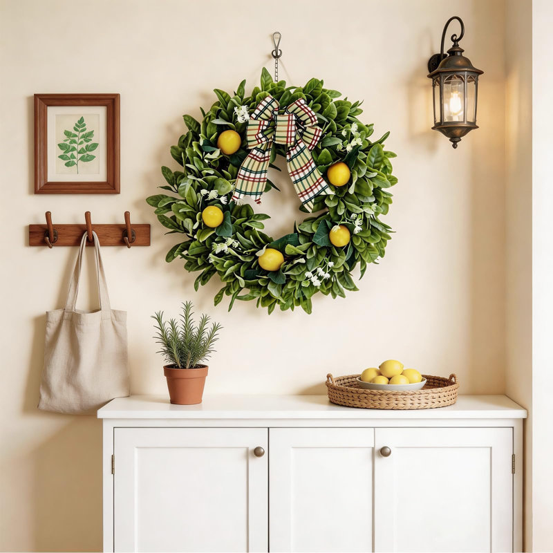 Couronne de citron de 20 pouces pour la porte d'entrée, couronne de printemps et d'été avec citron artificiel jaune