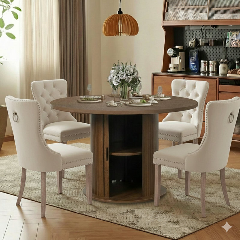 5 Pieces Round Dining Table Sets For 4-6 People, Beige/Brown