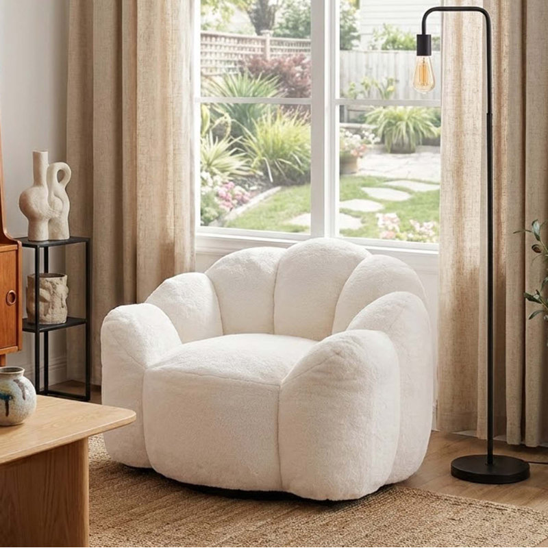 Modern Lotus-Inspired Plush Bean Bag Chair with Pull Ring, No-Assembly Lounge Seat for  Bedroom, Living Room, Dorm, White