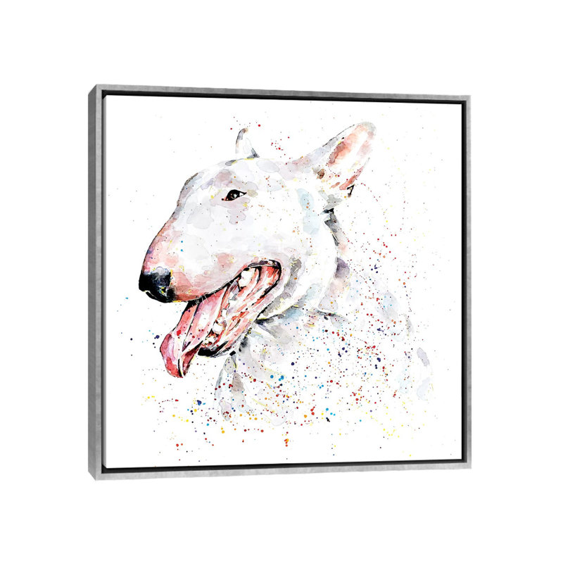 Bull terrier blanc par Edwatercolours-impression, Toile avec cadre argenté, Pas de tapis, H 26 po x l 26 po x P 1,5 po