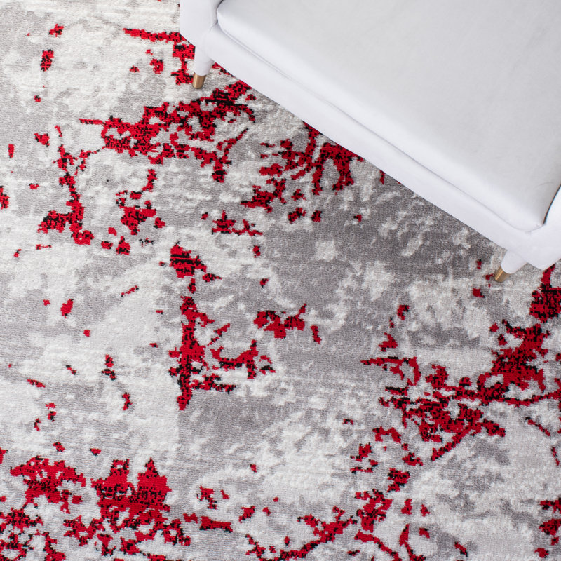 Tapis gris / rouge à motif abstrait, Carré 6 pi 7 po