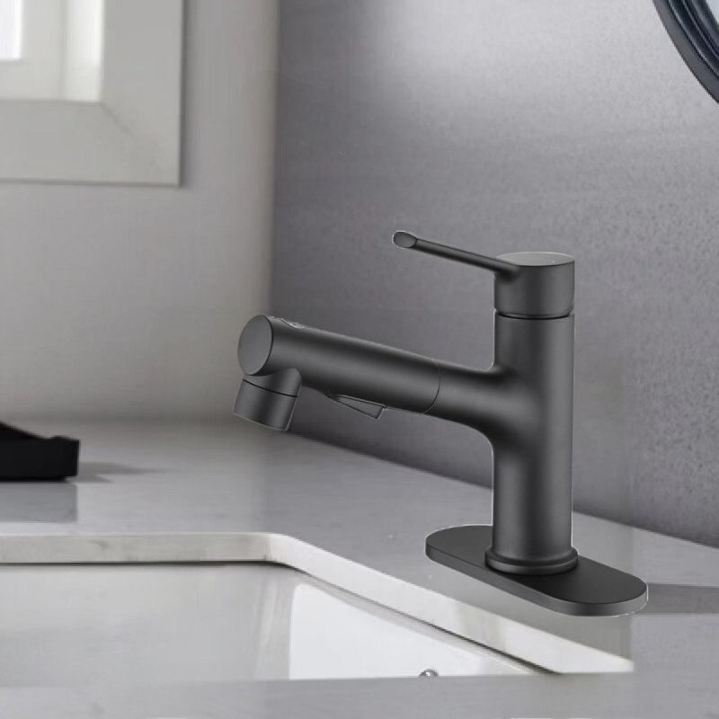 Single Handle Modern Bathroom Basin Faucet With Pop-up Sink Drain Stopper & Deck Plate, Matte Black
