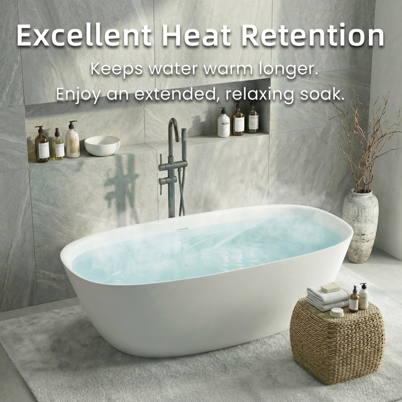 Pensen 63" Solid Surface Freestanding Bathtub, Oval Shaped Soaking Stone Resin Bath Tub With Overflow And Pop Up Drain, Matte White Stand Alone Bathtub, Cupc Certified