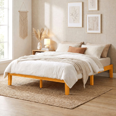 Full Natural Solid Wood Platform Bed Frame with Underbed Storage, No Box Spring Needed