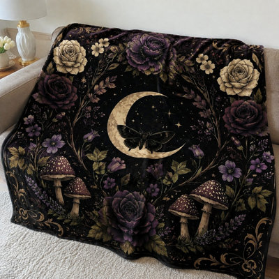 Plaid gothique à motif de papillons de nuit, champignons et fleurs, couverture de lit enchanteresse avec papillons célestes, cadeau de décoration bohème et envoûtant pour la maison
