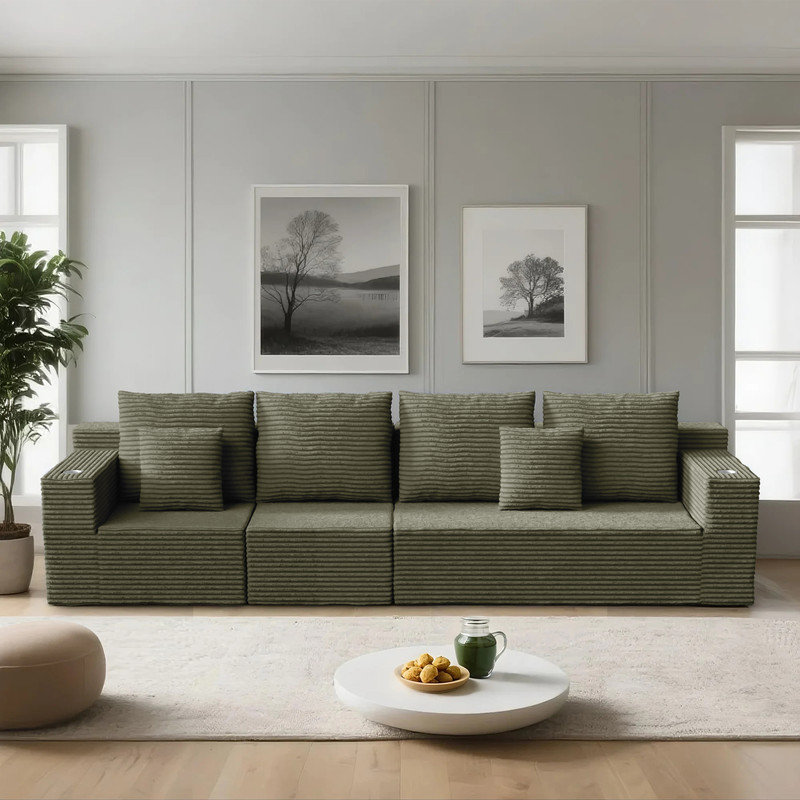 Luxe Modular Sectional Sofa with Cup Holders, Green Corduroy