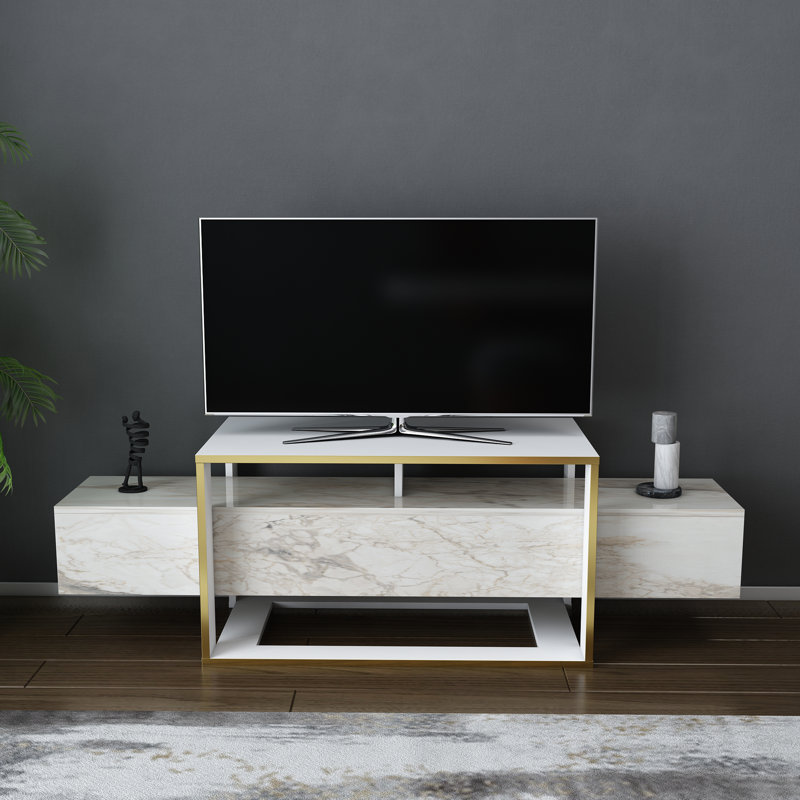 Meuble télé pour téléviseur de 70 po ou moins Euna, Blanc / marbre blanc