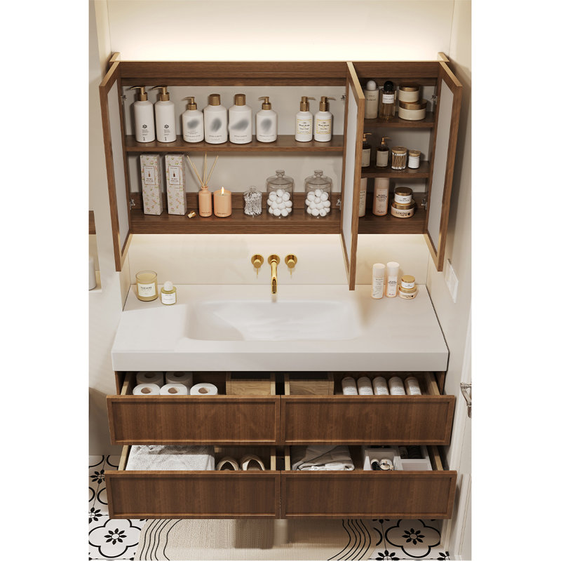 Armoire de salle de bain japonaise, H 19,68 po x l 47,24 po x P 21,65 po, Noyer