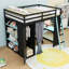 Lit mezzanine double en bois avec bureau, garde-robe, tablettes, rideaux, lumières et port USB-1297267176