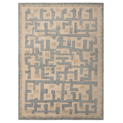Rug & Kilim's Scandinavian Geometric Cream & Blue Wool Pile Rug