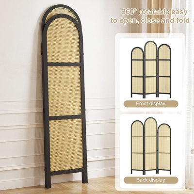 3-Panel Pine Wood Frame Room Divider with Natural Cane Design – Modern Japanese-Inspired Folding Screen