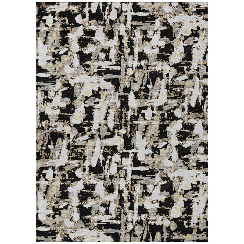 Machine Washable Indoor/Outdoor Chantille ACN2678 Abstract Rug, Black, 5' x 7'6"