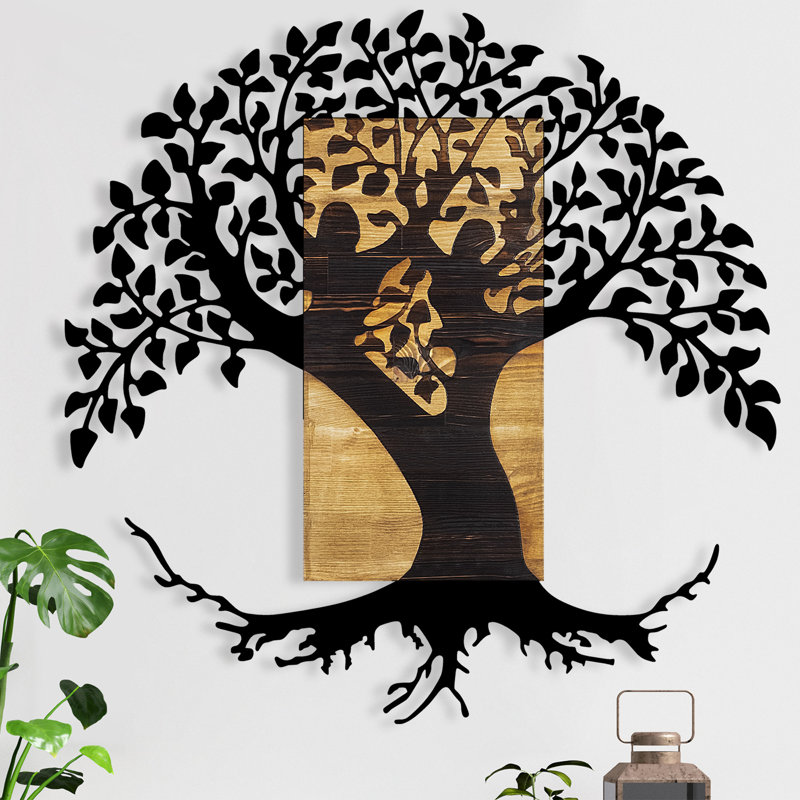 Elegant Decorative Wooden Wall Accessory, Walnut & Black Finish, 35.0 x 1.2 x 35.4 inches | 100% Real Wood with 1.2 inch Thickness | Unique Design Enhances Home Decor, Perfect for Living Room & Office Spaces