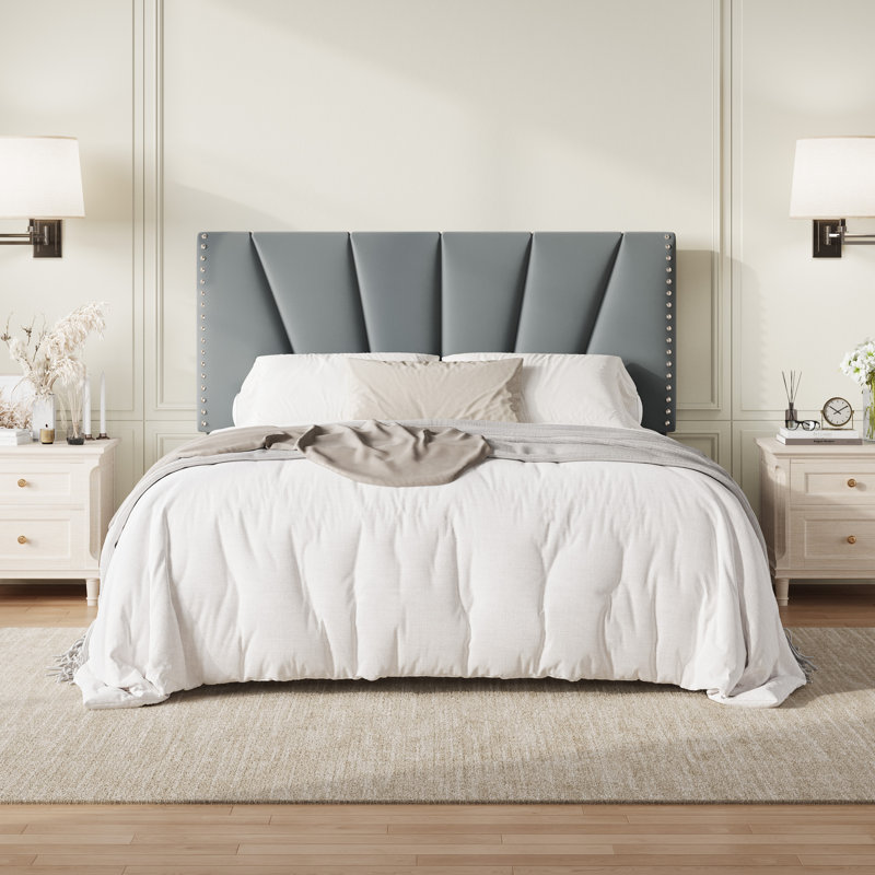 Velvet Upholstered Platform Bed Frame With Tufted Headboard And Nailhead Trim, Adjustable Height, No Box Spring Needed, Gray