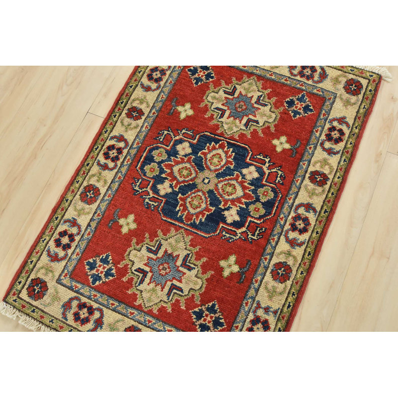 Tapis oriental rouge en laine noué à la main 2 pi 1 po x 2 pi Kazak Kazak